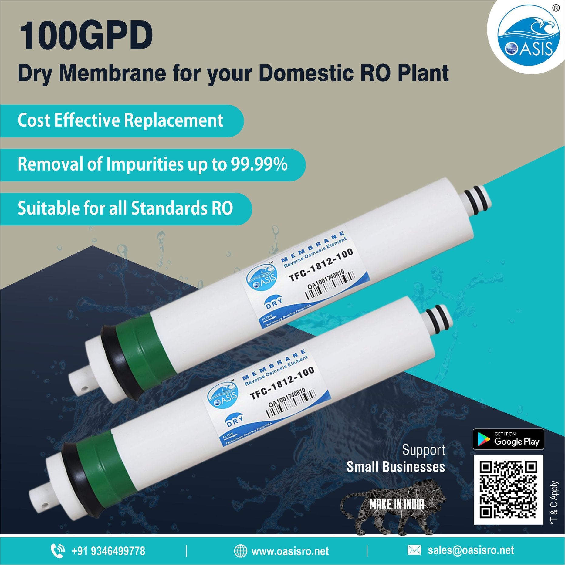 Oasis 100 GPD dry membrane for your domestic RO plant made with food grade high quality material